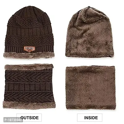 JAZAA Mens Hat and Scarf Set, Mens Slouch Beanie Hat Hick Fleece Lined Winter Hat & Scarf for Men Women Gifts (Brown)-thumb2