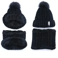 Navkar Crafts Black Twist Color Matching Winter Soft Warm 1 Set Snow Proof Knitted Ball Cap (Inside Fur) Woolen Beanie Cap with Scarf Muffler for Women Girl-thumb1