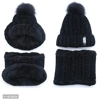 Navkar Crafts Black Twist Color Matching Winter Soft Warm 1 Set Snow Proof Knitted Ball Cap (Inside Fur) Woolen Beanie Cap with Scarf Muffler for Women Girl-thumb2