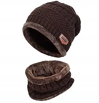 Women's Woolen Beanie Cap with Neck Muffler/Neckwarmer Free Size (Brown)-thumb1