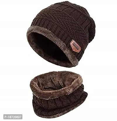 Women's Woolen Beanie Cap with Neck Muffler/Neckwarmer Free Size (Brown)-thumb2