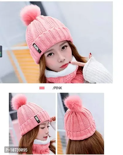 Aashirwad Craft Women's Winter Hat Solid Plus Thicken Warm Beanie Hat and Muffler Scarf Two-Piece Knit Cap Set for Women Girl (Pink)-thumb5