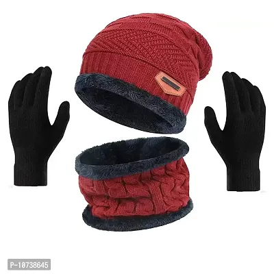 Bizarro.in Unisex Wool Cap, Neck Warmer Scarf With Gloves Set (Pack Of 3) (MCSG-MCNWG_1199840RD105-MRN_Maroon_Free Size)-thumb0