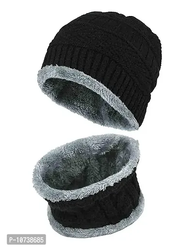 Aadikart Cotton Slouchy Beanie Cap for All Seasons Black Beanie Set-thumb4