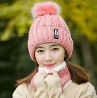 Aashirwad Craft Women's Winter Hat Solid Plus Thicken Warm Beanie Hat and Muffler Scarf Two-Piece Knit Cap Set for Women Girl (Pink)-thumb3