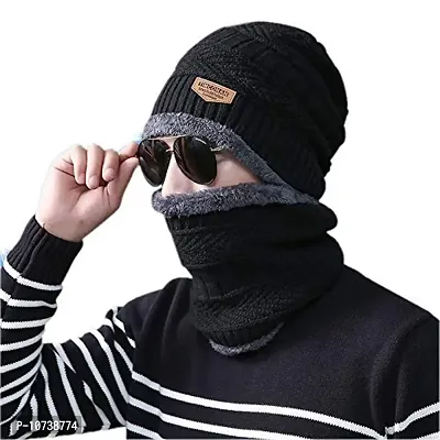 Smartlife Innovation Snow Proof Inside Fur Wool Unisex Beanie Cap with Neck Warmer Set Knit Hat Thick Fleece Lined Winter Hat for Men & Women (Black)
