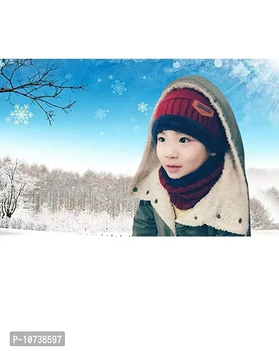 Standard 2Pcs Kids Girl's Winter Warm Knitted Cap with Fleece Scarf Set|Neckwarmer|Fleece Lining Cap with Neckwarmer (Red,Freesize)-thumb4