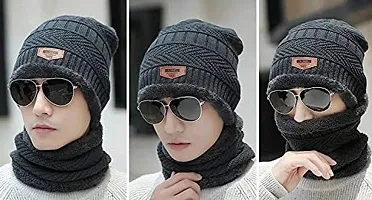 Winter Snow Proof Inside Fur Wool Winter (Beanie Cap + Neck Scarf) for Men and Women (Grey)-thumb2