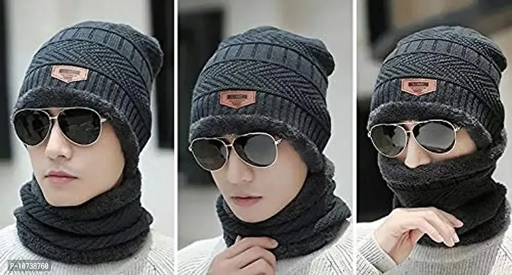 Winter Snow Proof Inside Fur Wool Winter (Beanie Cap + Neck Scarf) for Men and Women (Grey)-thumb3