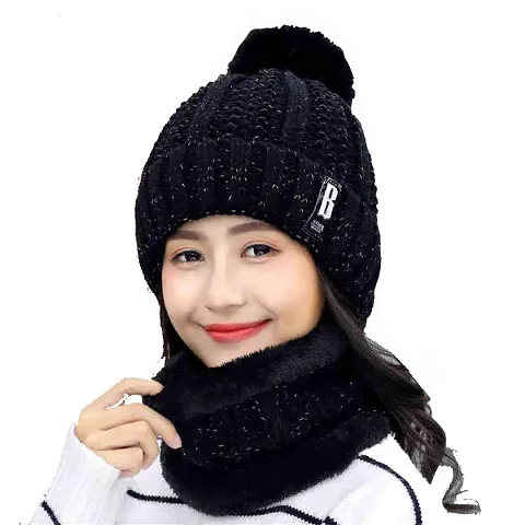 Dressify? - Stylish Women's Girl's Winter Woolen Warm and Snow Proof Soft Beanie Cap and Scarf Set (Fur Inside) Women Winter caps Color