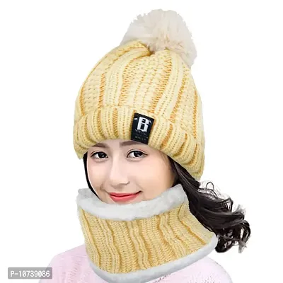 Aashirwad Craft Women's Winter Hat Solid Plus Thicken Warm Beanie Hat and Muffler Scarf Two-Piece Knit Cap Set for Women Girl (Beige)