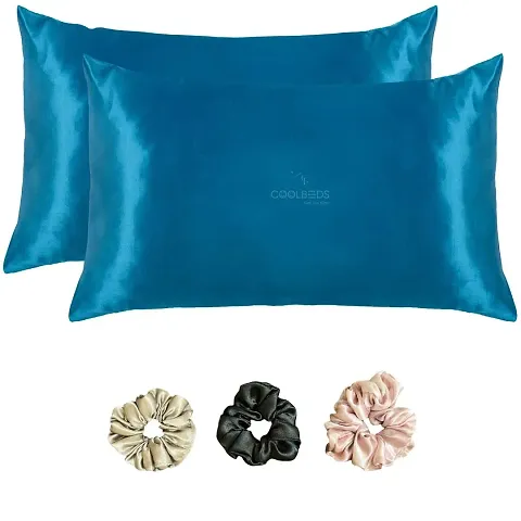 Coolbeds Satin Silk Pillow Covers for Hair and Skin-with Satin Scrunchies for Women Stylish |Satin Pillow Covers for Hair and Skin 2Pack |Silk scrunchies for Women 3Pack|Silk Pillow Case(Teal) Count:400