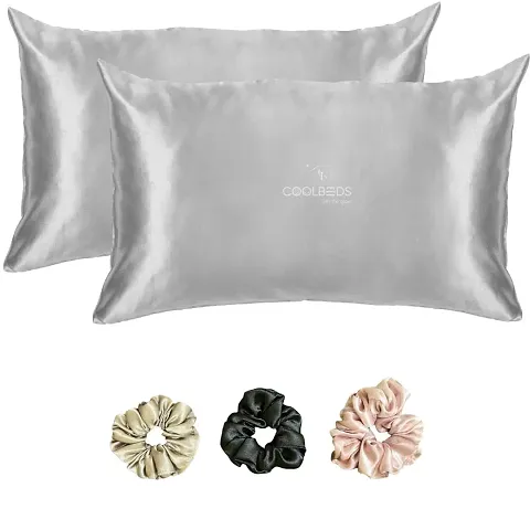 Coolbeds Satin Silk pillow covers for hair and skin-With Satin Scrunchies for women Stylish |Satin pillow covers for hair and skin 2Pack |Silk scrunchies for Women 3Pack|Silk Pillow Case (Silver Grey)