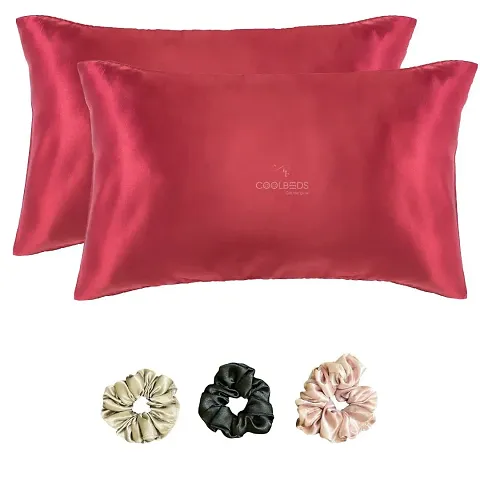 Coolbeds Satin Silk Pillow Covers for Hair and Skin-with Satin Scrunchies for Women Stylish |Satin Pillow Covers for Hair and Skin 2Pack |Silk scrunchies for Women 3Pack|Silk Pillow Case (Red)