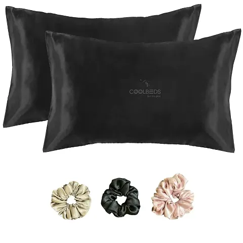 Coolbeds Satin Silk pillow covers for hair and skin-With Satin Scrunchies for women Stylish |Satin pillow covers for hair and skin 2Pack |Silk scrunchies for Women 3Pack|Silk Pillow Case (Black)