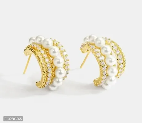 Classy Multi-layer Rhinestone Imitation Pearl Inlay C-shaped Hoop Korean Earrings-thumb0