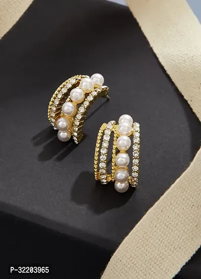 Classy Multi-layer Rhinestone Imitation Pearl Inlay C-shaped Hoop Korean Earrings-thumb3