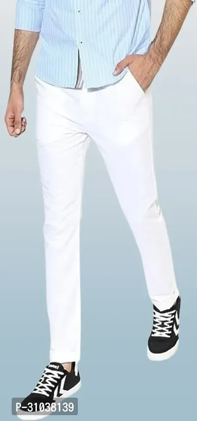 Stylish White Cotton Blend Solid Regular Fit Trouser For Men-thumb0