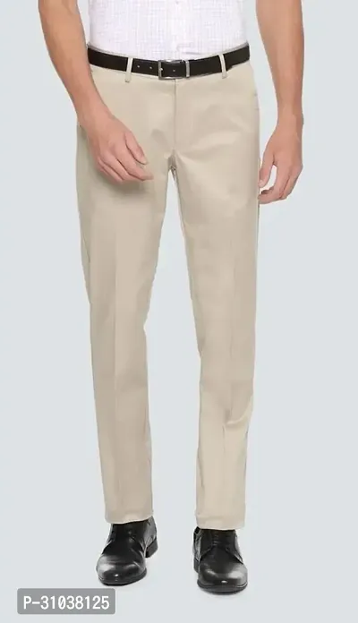 Stylish Beige Cotton Blend Solid Regular Fit Trouser For Men-thumb0