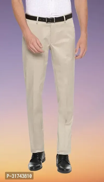 Stylish Beige Cotton Blend Regular Fit Formal Trousers For Men