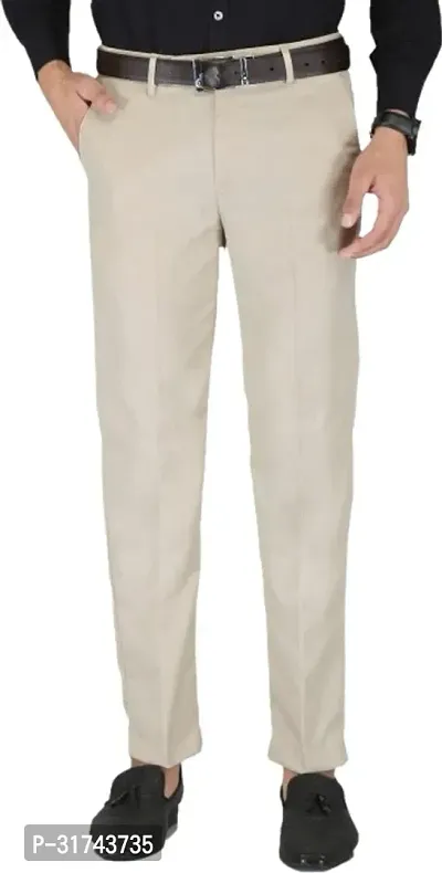 Stylish Beige Cotton Blend Regular Fit Formal Trousers For Men-thumb0