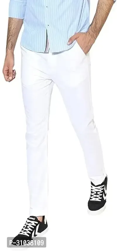 Stylish White Cotton Blend Solid Regular Fit Trouser For Men-thumb0