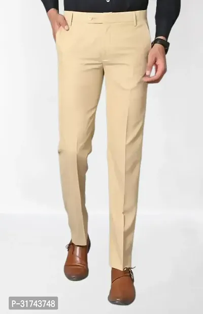 Stylish Beige Cotton Blend Regular Fit Formal Trousers For Men-thumb0