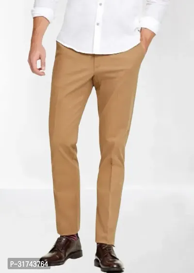 Stylish Tan Cotton Blend Regular Fit Formal Trousers For Men-thumb0