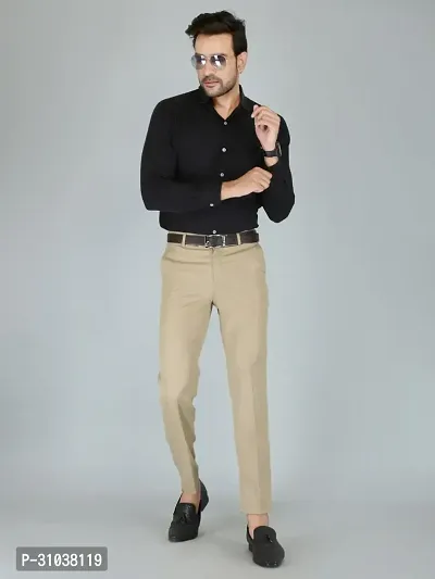 Stylish Beige Cotton Blend Solid Regular Fit Trouser For Men-thumb0