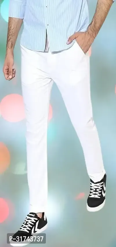 Stylish White Cotton Blend Regular Fit Formal Trousers For Men-thumb0