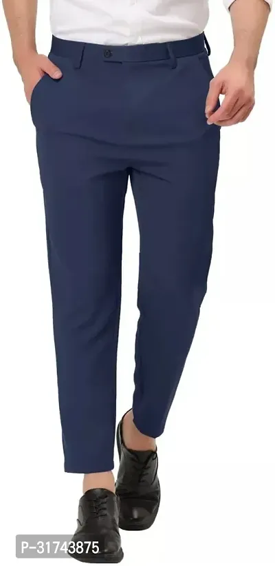 Stylish Blue Cotton Blend Regular Fit Formal Trousers For Men