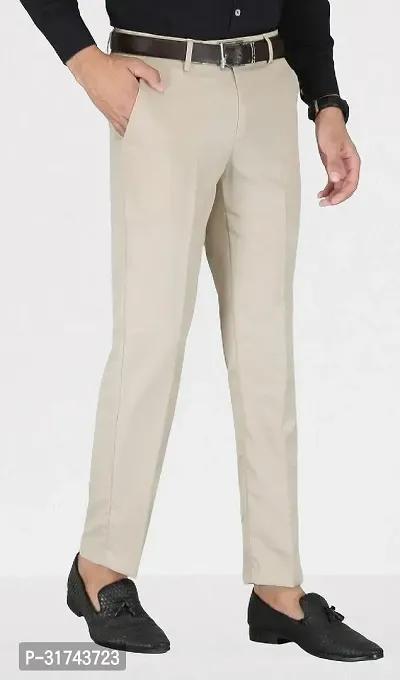 Stylish Beige Cotton Blend Regular Fit Formal Trousers For Men