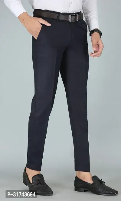 Stylish Blue Cotton Blend Regular Fit Formal Trousers For Men-thumb0