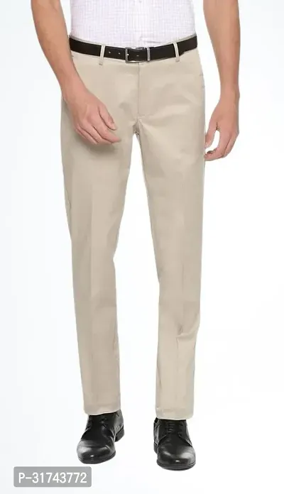 Stylish Beige Cotton Blend Regular Fit Formal Trousers For Men-thumb0