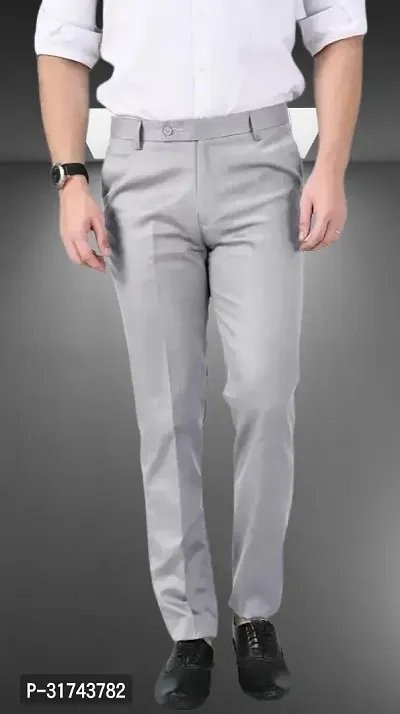 Stylish Grey Cotton Blend Regular Fit Formal Trousers For Men-thumb0