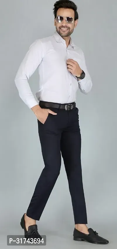 Stylish Blue Cotton Blend Regular Fit Formal Trousers For Men-thumb2