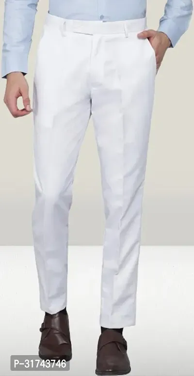 Stylish White Cotton Blend Regular Fit Formal Trousers For Men-thumb0