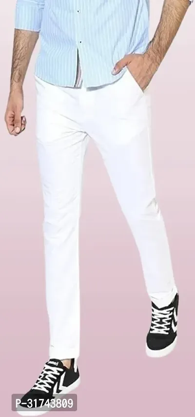 Stylish White Cotton Blend Regular Fit Formal Trousers For Men-thumb0