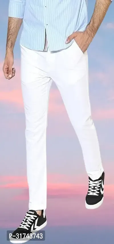 Stylish White Cotton Blend Regular Fit Formal Trousers For Men-thumb0