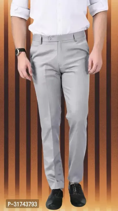 Stylish Grey Cotton Blend Regular Fit Formal Trousers For Men-thumb0