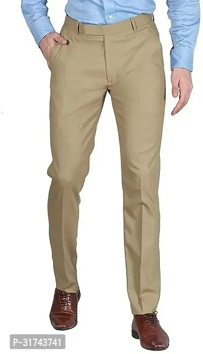 Stylish Beige Cotton Blend Regular Fit Formal Trousers For Men-thumb0