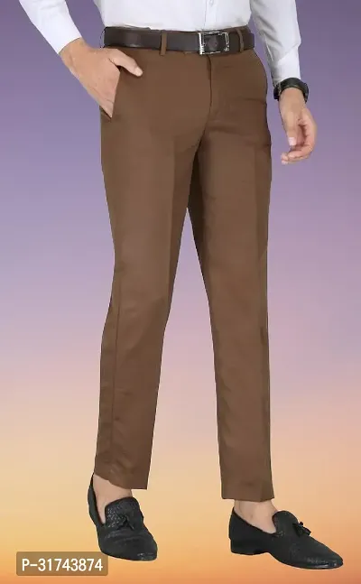 Stylish Brown Cotton Blend Regular Fit Formal Trousers For Men-thumb0