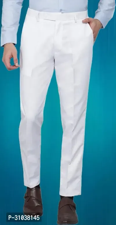 Stylish White Cotton Blend Solid Regular Fit Trouser For Men-thumb0