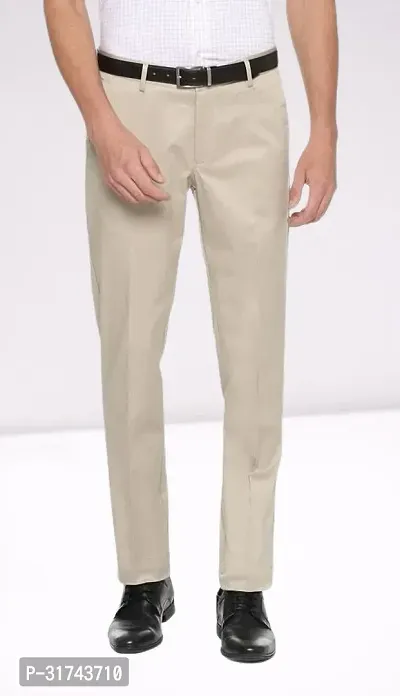 Stylish Beige Cotton Blend Regular Fit Formal Trousers For Men-thumb0