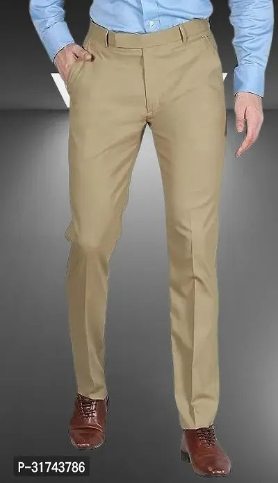 Stylish Cream Cotton Blend Regular Fit Formal Trousers For Men-thumb0