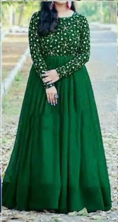 sfKanjari Women's Gown Net Model One Piece Maxi Long Dress for Girls Traditional Full Length Anarkali Long Frock for Women Readymade Full Stitched Gown (Medium, Green)-thumb2