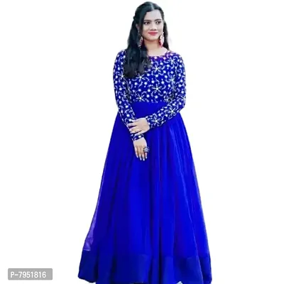 sfKanjari Womens Gown Net Model One Piece Maxi Long Dress for Girls Traditional Full Length Anarkali Long Frock for Women Readymade Full Stitched Gown (Large, Blue)