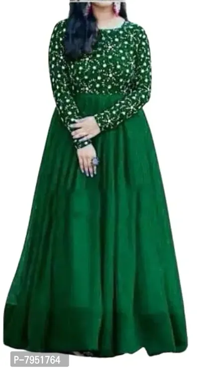 sfKanjari Womens Gown Net Model One Piece Maxi Long Dress for Girls Traditional Full Length Anarkali Long Frock for Women Readymade Full Stitched Gown (Large, Green)