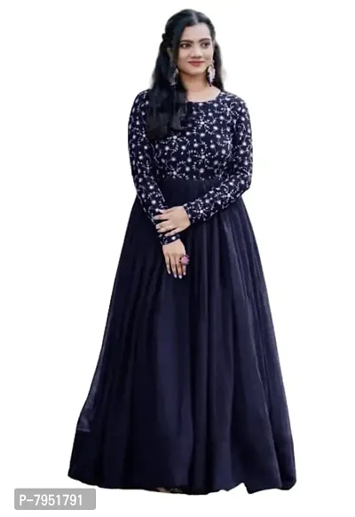 sfKanjari Womens Gown Net Model One Piece Maxi Long Dress for Girls Traditional Full Length Anarkali Long Frock for Women Readymade Full Stitched Gown (XX-Large, Navy Blue)