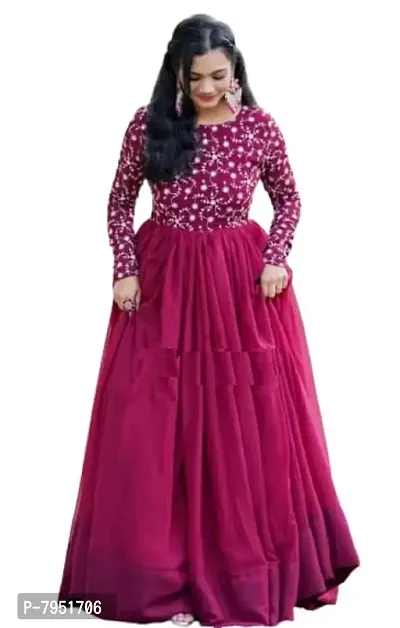 sfKanjari Womens Gown Net Model One Piece Maxi Long Dress for Girls Traditional Full Length Anarkali Long Frock for Women Readymade Full Stitched Gown (X-Large, Maroon)